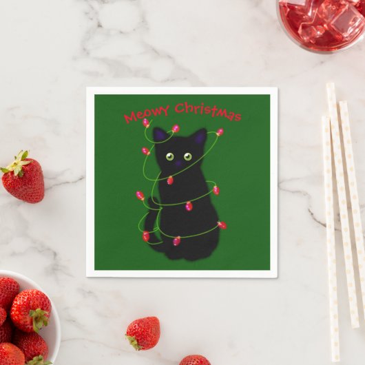Serviette En Papier chat noir | Meowy Christmas | lumières scintillant (En situation)