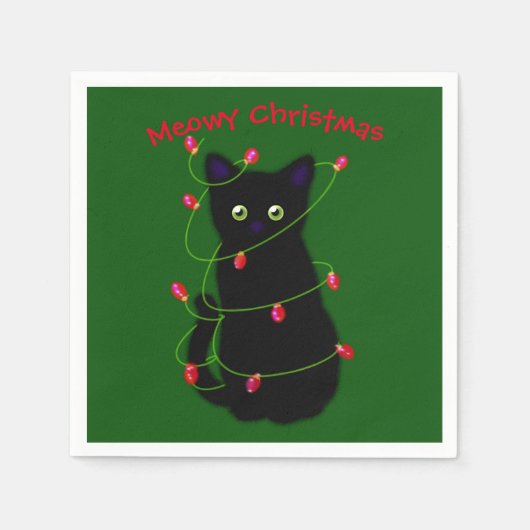 Serviette En Papier chat noir | Meowy Christmas | lumières scintillant (Devant)