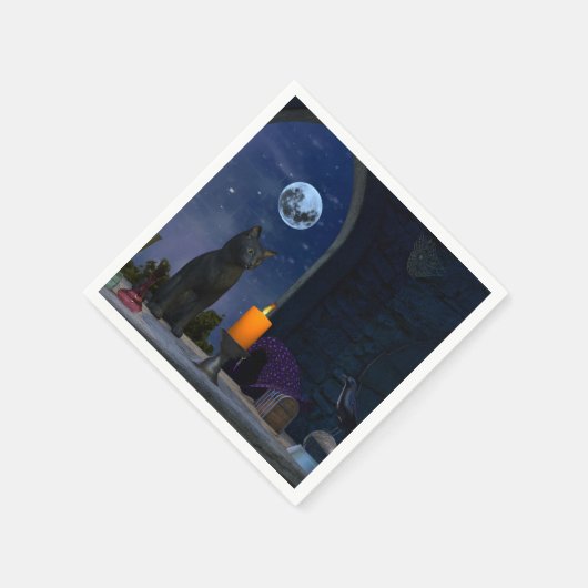 Serviette En Papier Chat noir mignon à la chandelle (Coin)