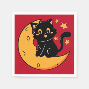 Serviette En Papier Chat noir mignon assis sur la lune