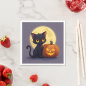 Serviette En Papier Chat noir mignon avec Citrouille sculpté brillant (En situation)
