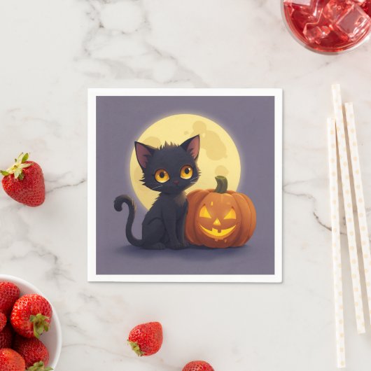 Serviette En Papier Chat noir mignon avec Citrouille sculpté brillant (En situation)
