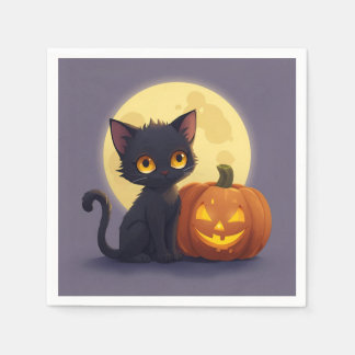 Serviette En Papier Chat noir mignon avec Citrouille sculpté brillant