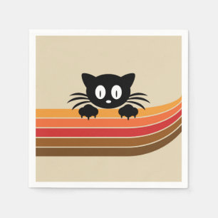 Serviette En Papier Chat noir mignon avec rayures rétro