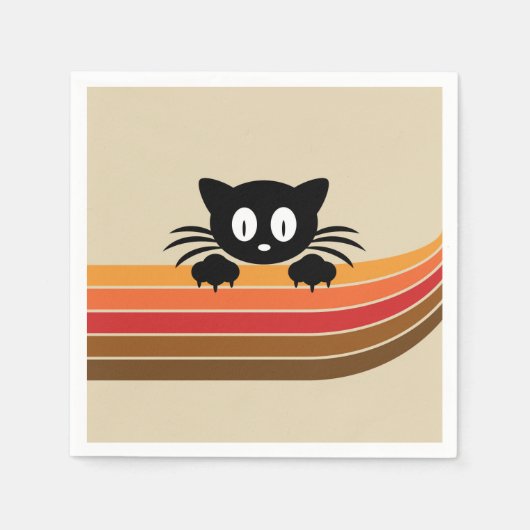 Serviette En Papier Chat noir mignon avec rayures rétro (Devant)
