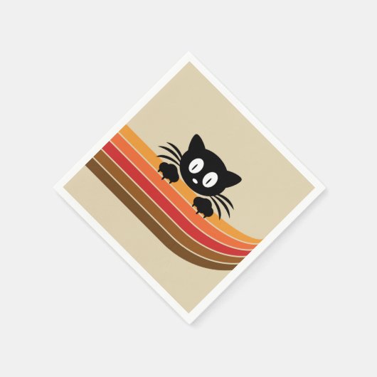 Serviette En Papier Chat noir mignon avec rayures rétro (Coin)