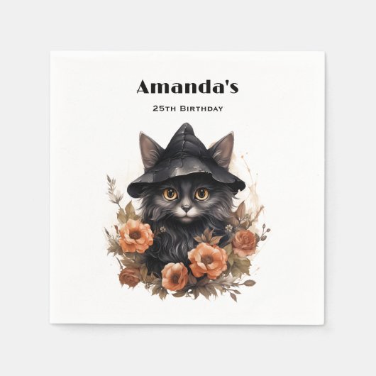 Serviette En Papier Chat noir mignon dans une sorcière Casquette Anniv (Devant)