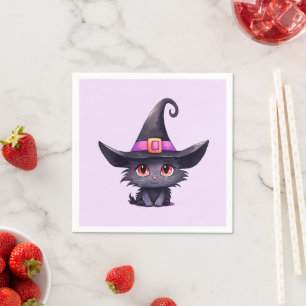 Serviette En Papier Chat noir mignon portant un Casquette de sorcière