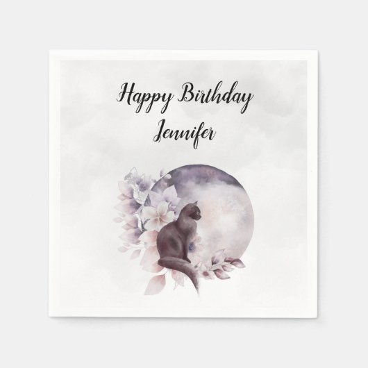 Serviette En Papier Chat noir par une Pleine lune magique Anniversaire (Devant)