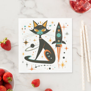 Serviette En Papier Chat noir rétro MCM vaisseau spatial étoiles planè