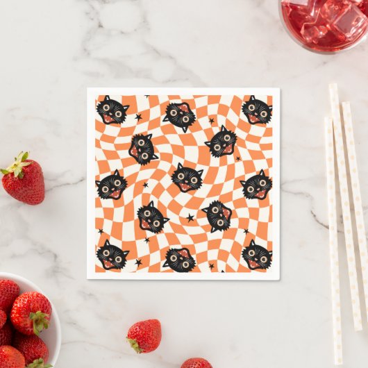 Serviette En Papier Chat noir rétro Motif chèque orange (En situation)