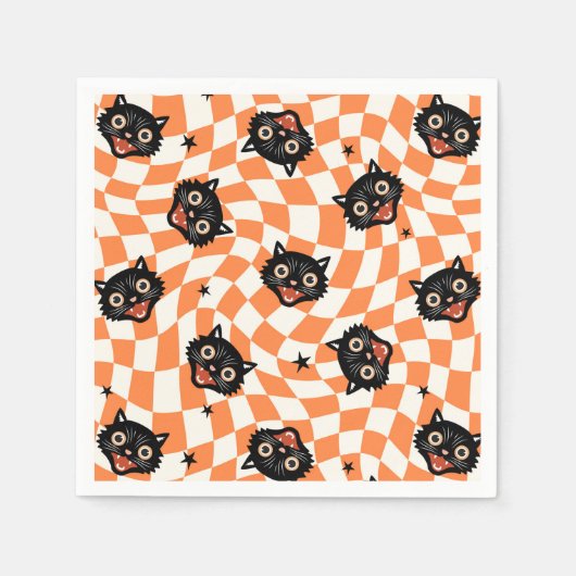 Serviette En Papier Chat noir rétro Motif chèque orange (Devant)