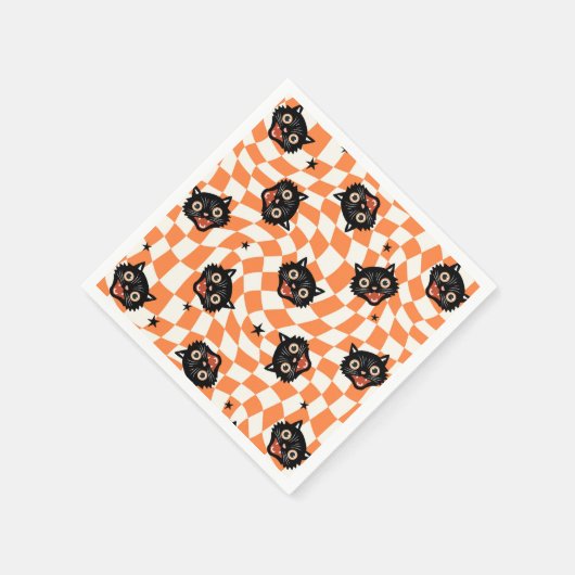 Serviette En Papier Chat noir rétro Motif chèque orange (Coin)