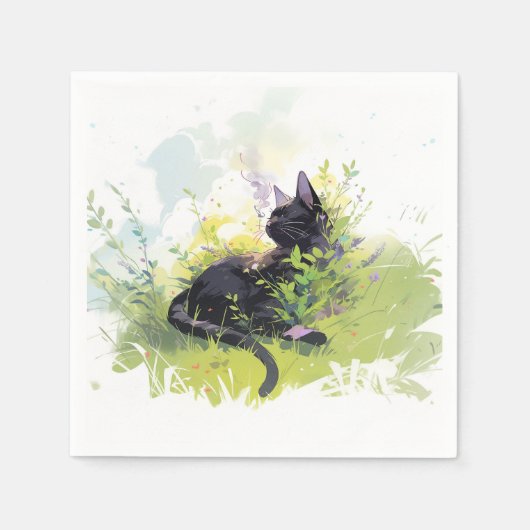Serviette En Papier Chat noir sur papier d'herbe Naples (Devant)