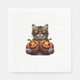 Serviette En Papier Chat noir tenant Citrouille Halloween Amoureux de