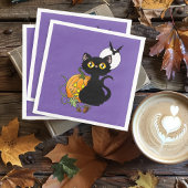 Serviette En Papier Chat noir violet Citrouille d'Halloween