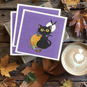 Serviette En Papier Chat noir violet Citrouille d'Halloween