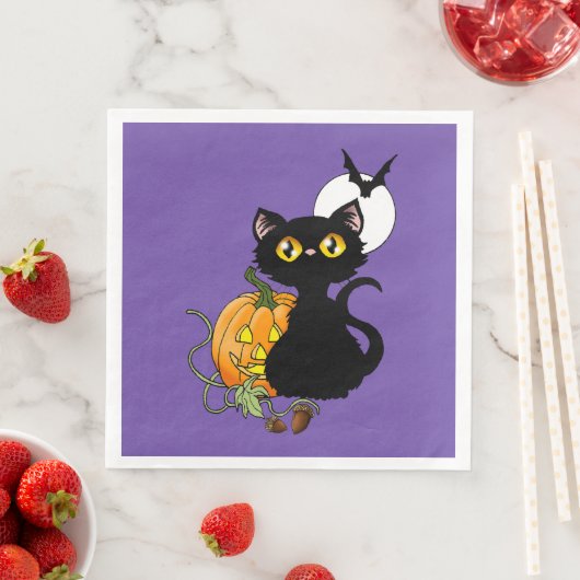 Serviette En Papier Chat noir violet Citrouille d'Halloween (En situation)