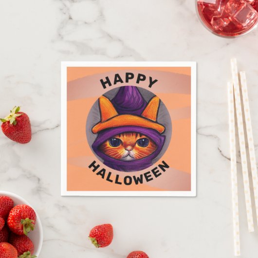 Serviette En Papier Chat orange avec sorcière violette Casquette Hallo (En situation)
