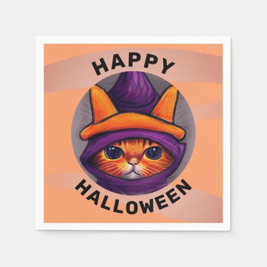 Serviette En Papier Chat orange avec sorcière violette Casquette Hallo (Devant)