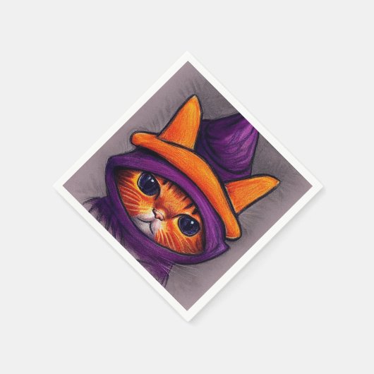 Serviette En Papier Chat orange avec sorcière violette Casquette Hallo (Coin)