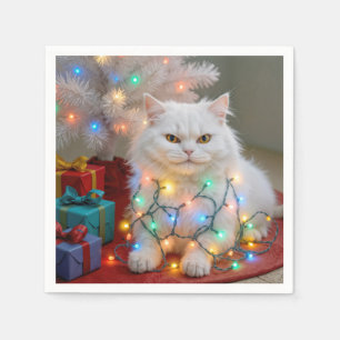 Serviette En Papier Chat Persan de Noël empêtré dans les lumières de f