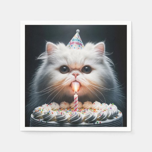 Serviette En Papier Chat perse avec gâteau d'anniversaire (Devant)