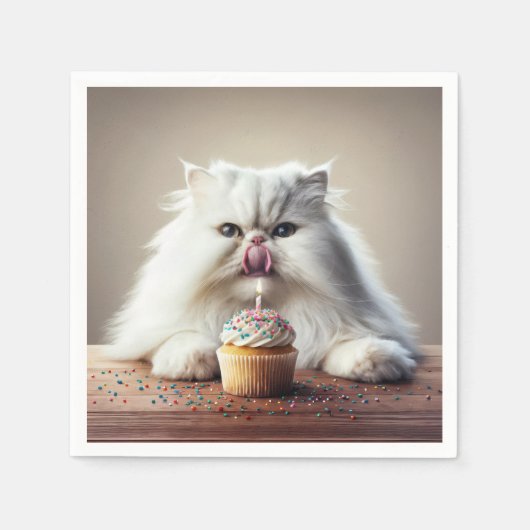 Serviette En Papier Chat perse lèche un gâteau d'anniversaire (Devant)
