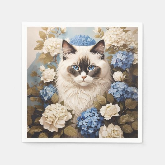 Serviette En Papier Chat Ragdoll Avec Fleurs Bleues D'Hydrangée (Devant)