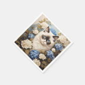 Serviette En Papier Chat Ragdoll Avec Fleurs Bleues D'Hydrangée (Coin)