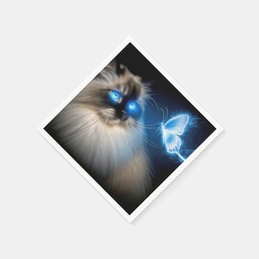 Serviette En Papier Chat Ragdoll Avec Papillon Néon Bleu (Coin)