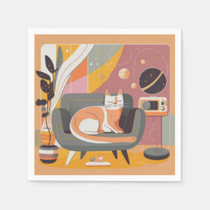 Serviette En Papier Chat Retro Illustré sur Lounger Cocktail serviette