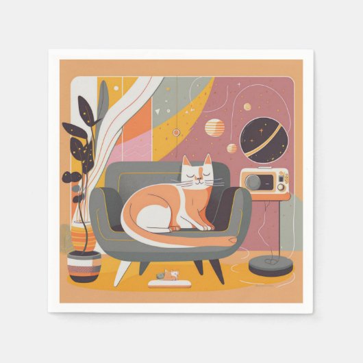 Serviette En Papier Chat Retro Illustré sur Lounger Cocktail serviette (Devant)