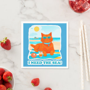 Serviette En Papier Chat roux sur la plage J'ai besoin de la mer Été