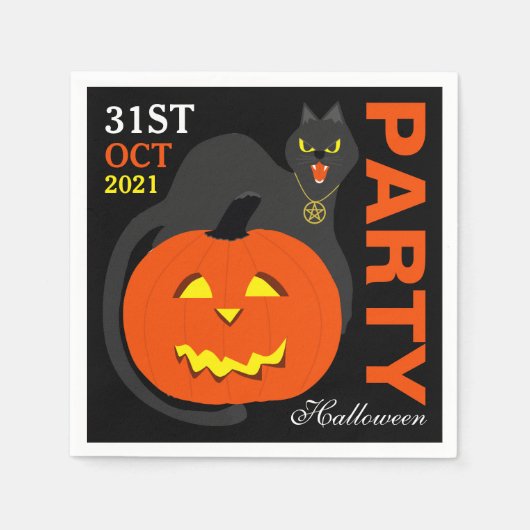 Serviette En Papier Chat sur Citrouille, fête d'Halloween (Devant)