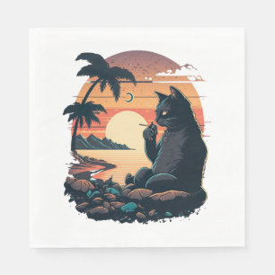 Serviette En Papier Chat sur la plage avec la cigarette