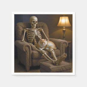 Serviette En Papier Chat sur un squelette d'Halloween