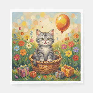Serviette En Papier Chat tigré & Fleurs Joyeux Anniversaire Fille