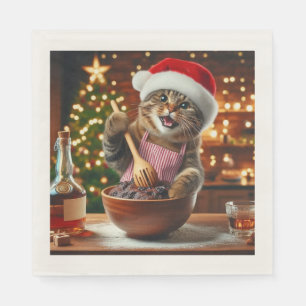 Serviette En Papier Chat tigré préparant un pudding de Noël alcoolisé 