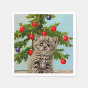 Serviette En Papier Chat vintage et sapin de Noël