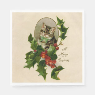 Serviette En Papier Chaton de Noël victorien au houx antique tabby