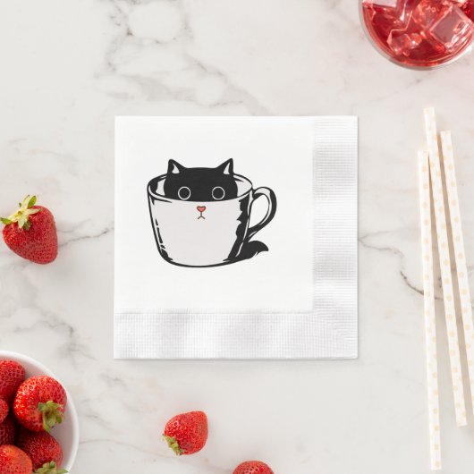 Serviette En Papier Chaton noir avec nez rouge caché dans une tasse (En situation)