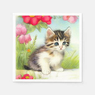 Serviette En Papier Chaton vintage blanc et Brown avec fleurs