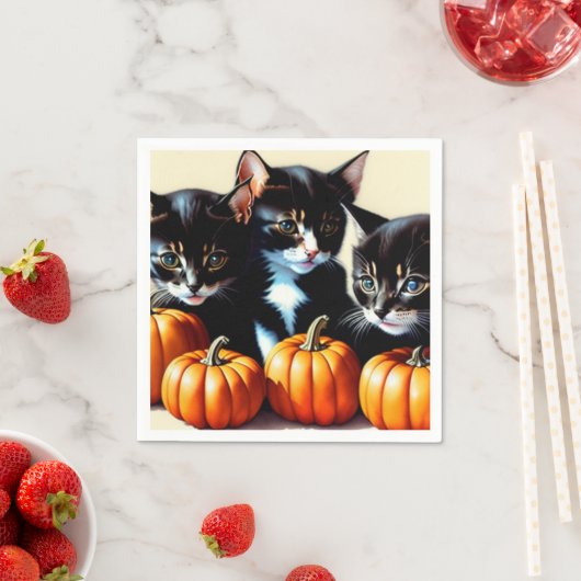 Serviette En Papier Chatons d'automne avec Citrouille (En situation)