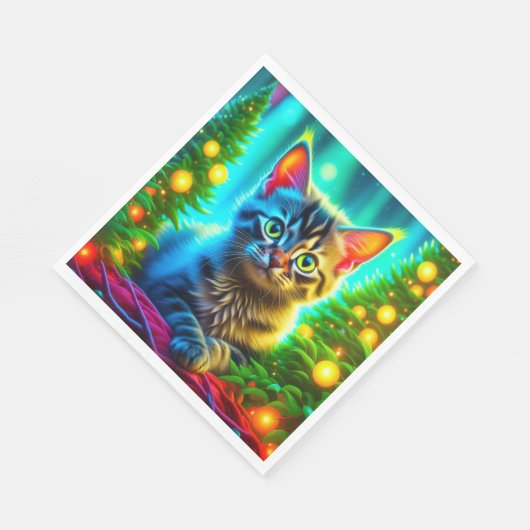 Serviette En Papier Chatons gris mignons avec arbres de Noël (Coin)