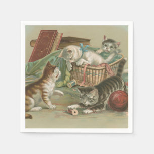 Serviette En Papier Chatons victoriens vintage jouant dans un panier à
