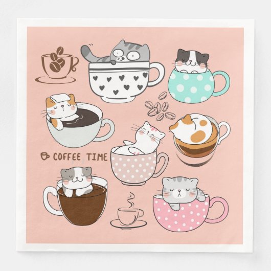 Serviette En Papier Chats dans des tasses à café (Devant)