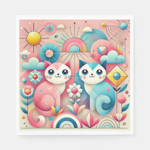 Serviette En Papier Chats de dessin animé mignons dans un décor nature