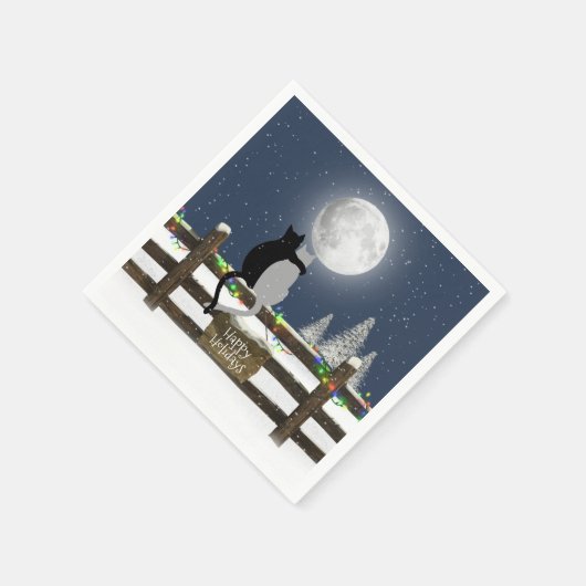 Serviette En Papier Chats de Noël à la clôture avec lune (Coin)