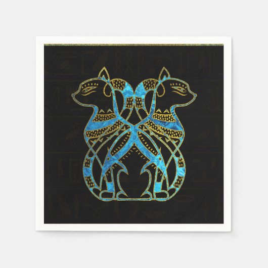 Serviette En Papier Chats égyptiens Vitrail or et bleu (Devant)